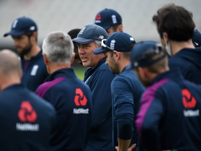 England head coach Chris Silverwood speaks to his team during Wednesday's net session at Old Trafford. Picture: Gareth Copley/Pool/PA