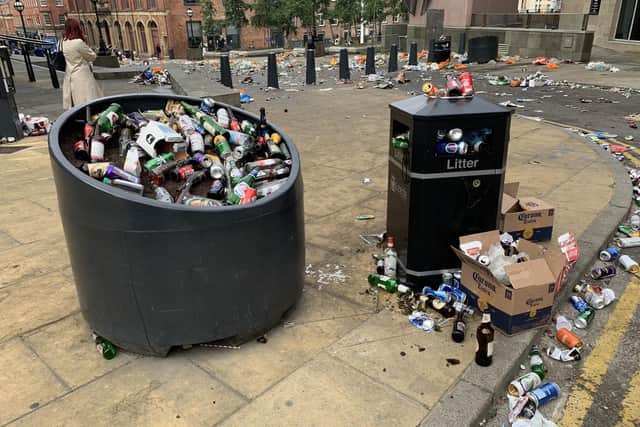 Litter left by Leeds United fans after the team's promotion to the Premier League.