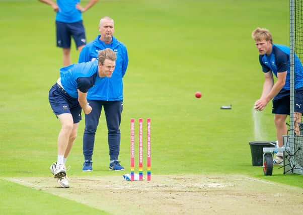 BACK AT IT: Yorkshire's Steve Patterson in training at Headingley after the long lay-off due to the coronavirus pandemic. Picture by Allan McKenzie/SWpix.com