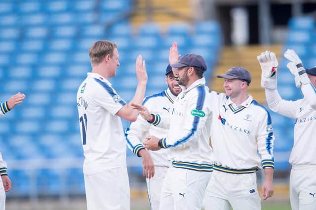 MOVING ON: Steve Patterson is congratulated by team-mate Tim Bresnan after taking a wicket in the pre-season warm-up game against Leeds Bradford MCCU at Headingley back in APril 2017. Picture by Allan McKenzie/SWpix.com
