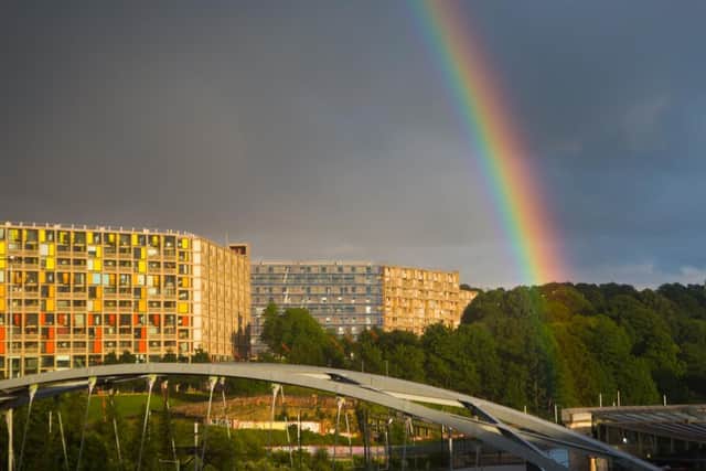 A rainbow over the Park Hill estate in Sheffield.