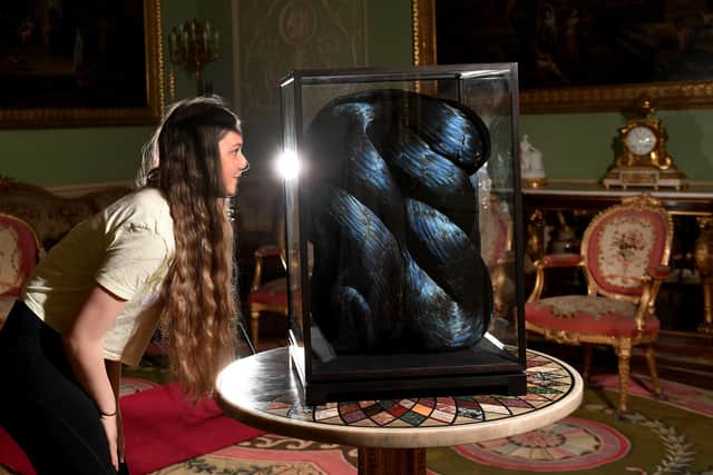 Exhibition by British artist Kate MccGwire at Harewood House. Ruby Sorrell aged 14 looks at one of the sculptures. Picture by Simon Hulme