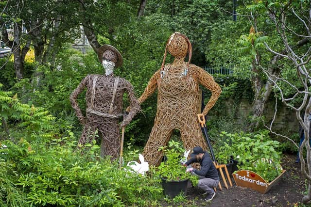 Incredible Edible Todmorden volunteer Tom Rust tidies the beds by the Wicker folk which feature in the centre of the town. Picture Tony Johnson