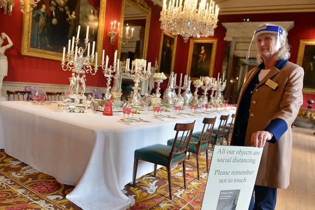 Visitor Welcome Supervisor Lizzie Ross makes final preparations at Chatsworth House in Bakewell, Derbyshire which reopens to the public on Monday after the lifting of further coronavirus lockdown restrictions in England. PA Photo.