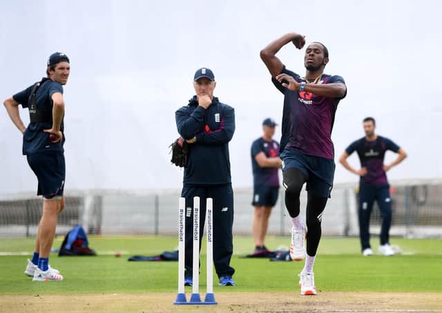 ON FIRE: England's Jofra Archer bowls during the nets session at Emirates Old Trafford on Thursday. Picture: Gareth Copley/PA