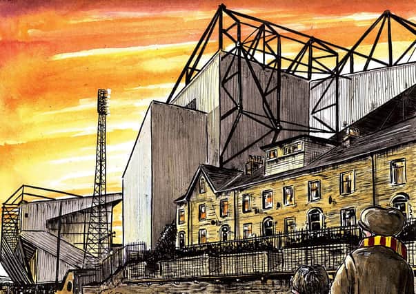 Bradford City's Valley Parade Stadium. Illustraion by Graeme Bandeira.