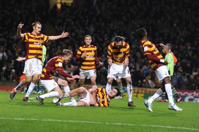 MEMORABLE: Bradford City's players celebrate their third goal on their way to beating Aston Villa in the Capital One Cup at Valley Parade in January 2013. Picture: Tony Johnson.