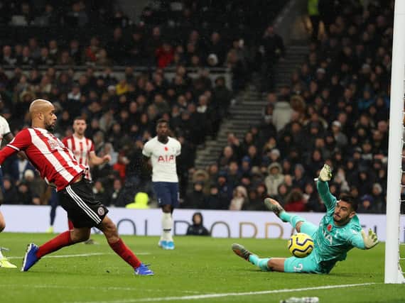 CONTROVERSY: Sheffield United's David McGoldrick finds the net at the Tottenham Hotspur Stadium but the goal was ruled out