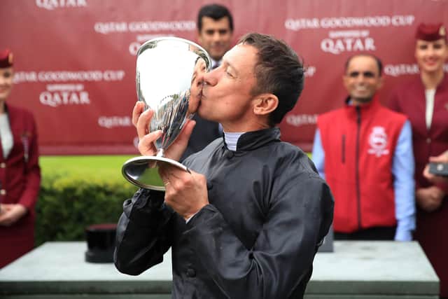 Kissing cup: Frankie Dettori, racing's showman, celebrates the 2019 Goodwood Cup win of Stradivarius.