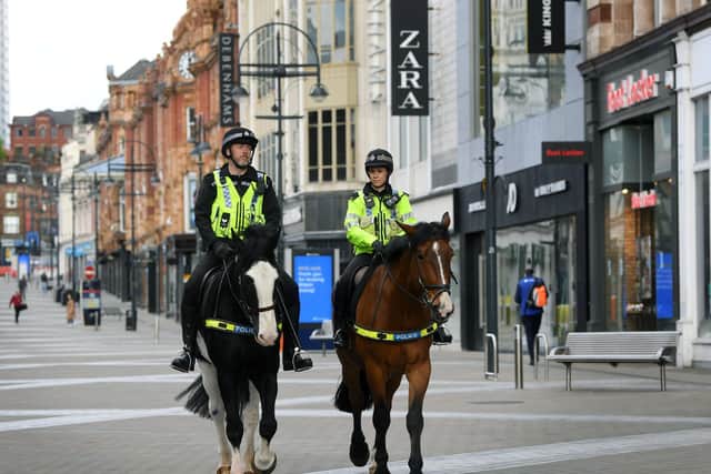 Police officers patrolling Leeds city centre during the coronavirus lockdown
