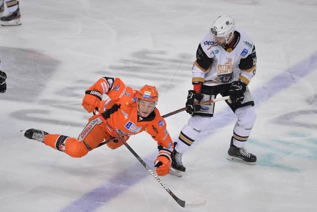 NO LET-UP: Tanner Eberle battles for possession against Nottingham Panthers. Picture: Dean Woolley.