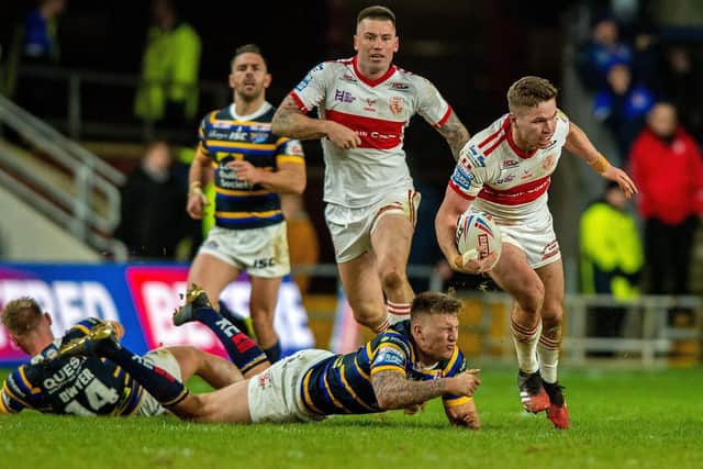 BNACK AT IT: Hull KR's Matt Parcell breaks free in the clash against 
Leeds Rhinos at Headingley earlier this season. Picture Bruce Rollinson