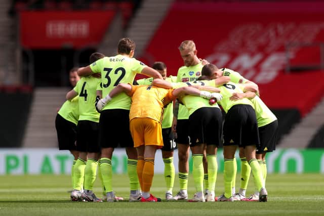 Sheffield United players during a huddle prior to kick-off at Southampton. Picture: Naomi Baker/NMC Pool/PA