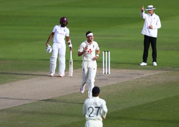 England's Stuart Broad celebrates taking the wicket of West Indies Kemar Roach during day three of the Third Test at Emirates Old Trafford. Picture: Michael Steele/NMC Pool/PA