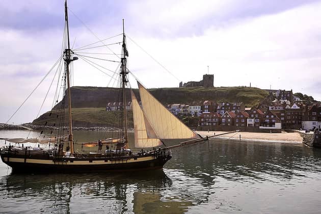 HMS Pickle passes St Marys Church on her way into Whitby during Captain Cook celebrations in 2018  Picture Richard Ponter