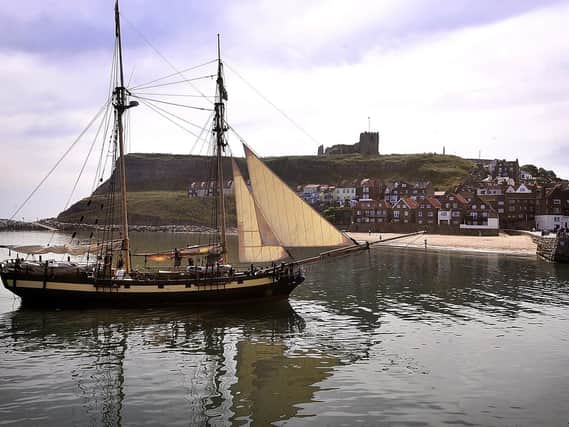 HMS Pickle passes St Marys Church on her way into Whitby during Captain Cook celebrations in 2018  Picture Richard Ponter