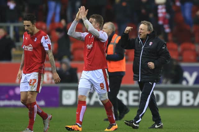 Neil Warnock (right) in celebratory mood during his time as Rotherham United manager. Picture: Nigel French/PA Wire.