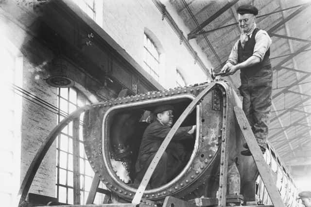 An A4 'Pacific' locomotive under construction at the L.N.E.R. works, Doncaster, 26th April 1938. The locomotive will be used on the 'Flying Scotsman' service. (Photo by Topical Press Agency/Hulton Archive/Getty Images)