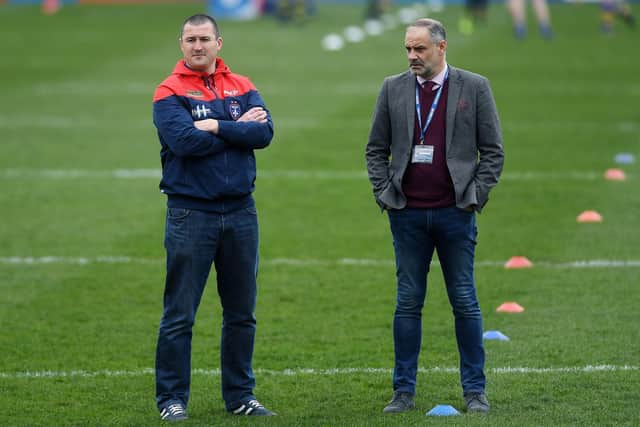 Betfred Super League.
Wakefield Trinity v Leeds Rhinos.
Wakefield head coach Chris Chester with owner and chairman Michael Carter.
8th April 2018.
Picture Jonathan Gawthorpe