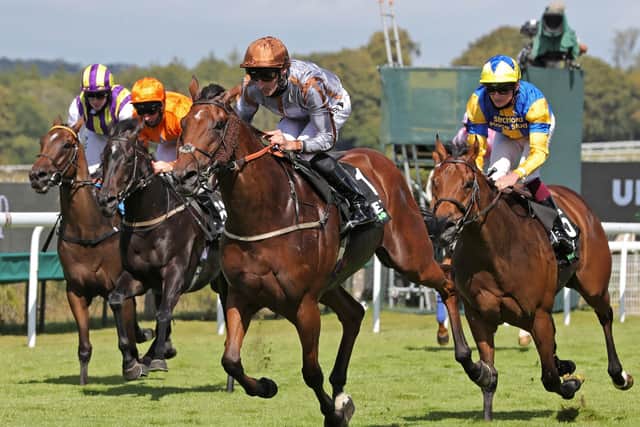 Summerghand ridden by Daniel Tudhope (centre) wins the Unibet Stewards' Cup during day five of the Goodwood Festival at Goodwood.