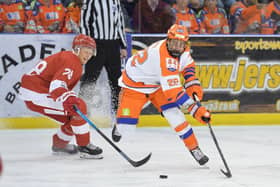 HIGH AMBITIONS: Defenceman Jordan Griffin, right, in action for Sheffield Steelers. Picture courtesy of Dean Woolley.