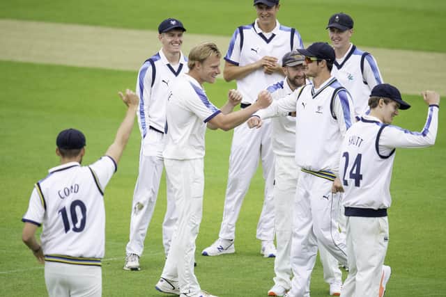 WAITING GAME: Yorkshire's Matthew Waite is congratulated on dismissing Lancashire's Rob Jones during their behind-closed-doors friendly at Headingley earlier this month. Picture by Allan McKenzie/SWpix.com
