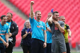 MAGNIFICENT: Harrogate Town manager Simon Weaver celebrates after his team's victory against Notts County at Wembley Stadium. Picture: Catherine Ivill/Getty Images