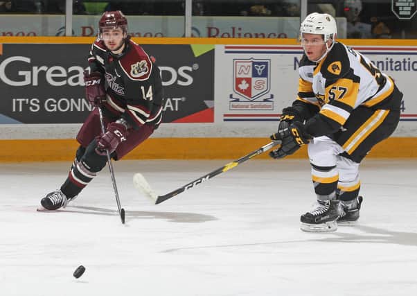 EARLY DAYS: Peterborough Petes' Liam Kirk battles with Hamilton Bulldogs' Jake Gravelle in November 2018. Picture: Claus Andersen/Getty Images