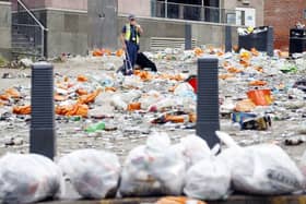 Litter left by Leeds United fans celebrating the team's promotion to the Premier League.