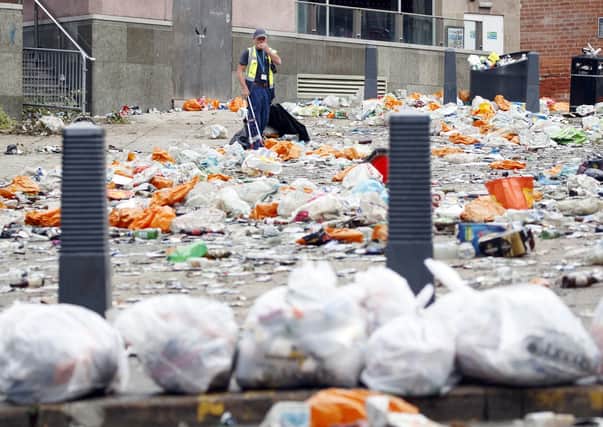 Litter left by Leeds United fans celebrating the team's promotion to the Premier League.