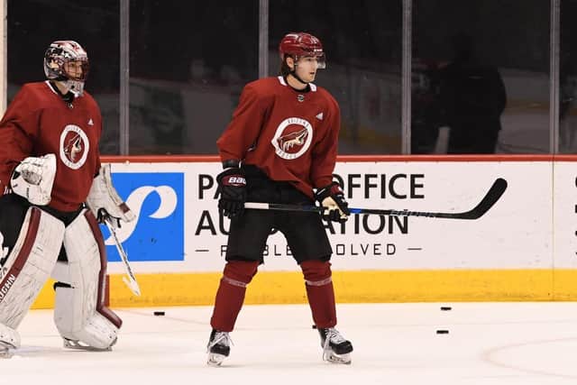 Liam Kirk, in action during the 2018 development camp with Arizona Coyote, the team that made him a seventh round NHL Draft pick. Picture courtesy of Arizona Coyotes.