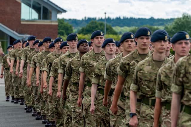 Junior soldiers at the Army Foundation College, Harrogate in North Yorkshire, taking part in a drill on the parade square. Picture James Hardisty.