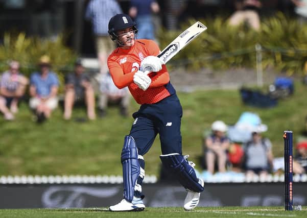 England's Tom Banton is out bowled during the third Twenty20 international cricket match against New Zealand at Saxton Oval, in Nelson, New Zealand, Tuesday, Nov. 5, 2019. (Chris Symes/Photosport)