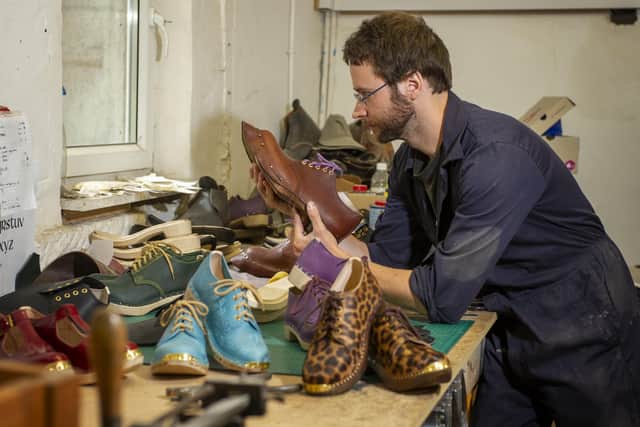 British clog maker Simon Brock working in his Sheffield workshop. Picture Tony Johnson