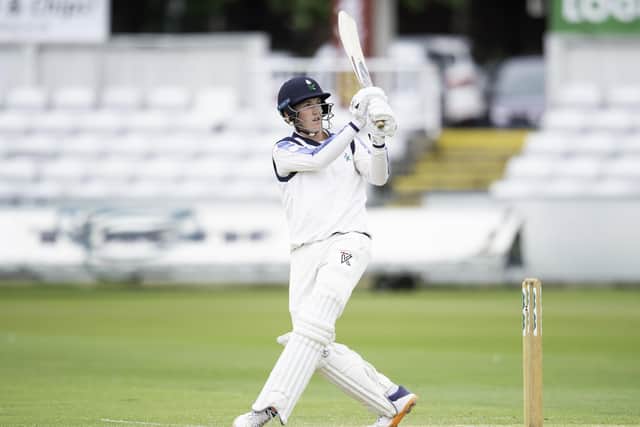 Yorkshire's Harry Brook hits out on his way to an unbeaten 66 as he steers his side home agianst Durham.
