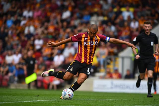 03 August 2019. Picture James Hardisty. Bradford City v Cambridge United in the Sky Bet League Two at the Utilita Energy Stadium at Valley Parade, Bradford. Pictured James Vaughan, of Bradford City, fails to score once again.