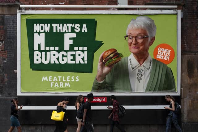 Annie stars in the controversial Meatless Farm billboard campaign for its vegan burgers.