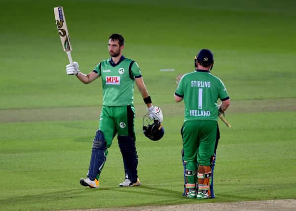 Ireland captain Andrew Balbirnie (left) celebrates reaching his century during the third One Day International match at the Ageas Bowl, Southampton. (Picture: PA)