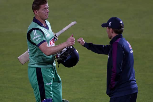England captain Eoin Morgan (right) congratulates Ireland's Kevin O'Brien after he secures runs to win the third One Day International (Picture: PA)