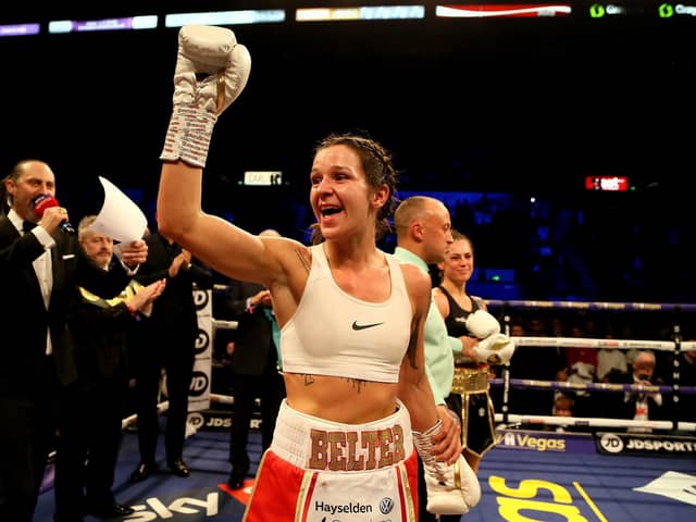 Terri Harper celebrates victory over Eva Wahlstrom in the WBC & IBO Super-featherweight World Championship fight at the FlyDSA Arena, Sheffield. (PIcture: Richard Sellers/PA Wire)