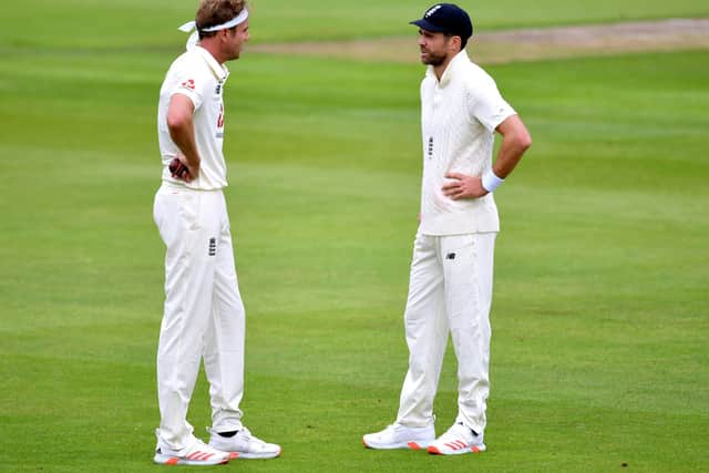 FRUSTRATING: England's Stuart Broad (left) and James Anderson have a chat during day one of the first Test match at Emirates Old Trafford. Picture: Dan Mullan/NMC Pool/PA
