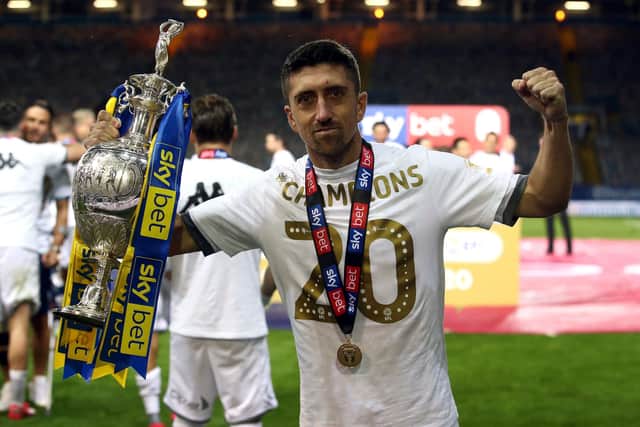 Leeds United's Pablo Hernandez with the Sky Bet Championship trophy and winner's medal after the match at Elland Road, Leeds. Photo: Tim Goode/PA Wire.