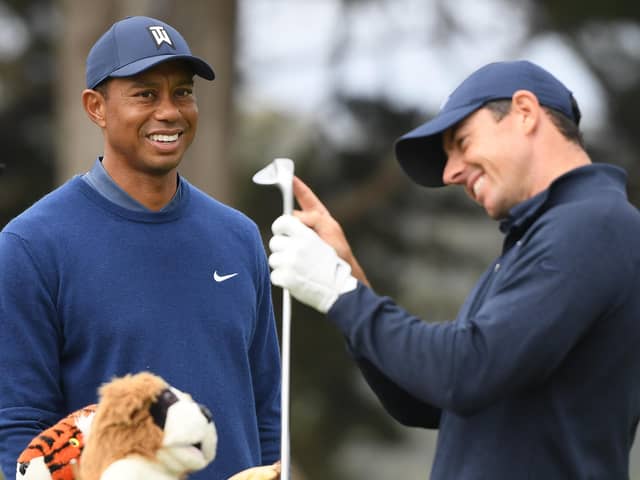 Tiger Woods of the United States talks with Rory McIlroy of Northern Ireland on the fourth tee during the first round of the 2020 PGA Championship at TPC Harding Park. (Picture: Harry How/Getty Images)