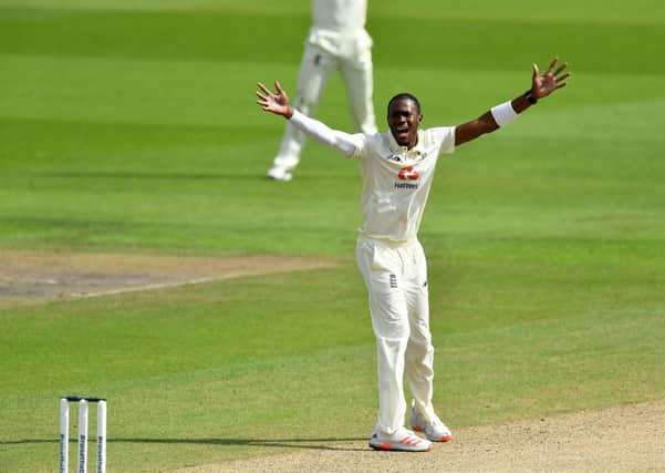 England's Jofra Archer celebrates the wicket of Pakistan's Yasir Shah during day two of the First Test match at the Emirates Old Trafford, Manchester. PA Photo. Issue date: Thursday August 6, 2020. See PA story CRICKET England. Photo credit should read: Dan Mullan/NMC Pool/PA Wire. RESTRICTIONS: Editorial use only. No commercial use without prior written consent of the ECB. Still image use only. No moving images to emulate broadcast. No removing or obscuring of sponsor logos.