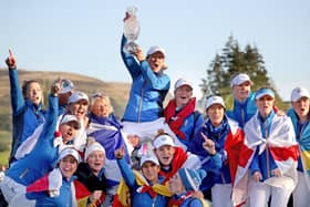 Team Europe captain Catriona Matthew (top) celebrates with her team and the trophy after winning the 2019 Solheim Cup at Gleneagles Golf Club, Auchterarder. (Picture Jane Barlow/PA Wire)