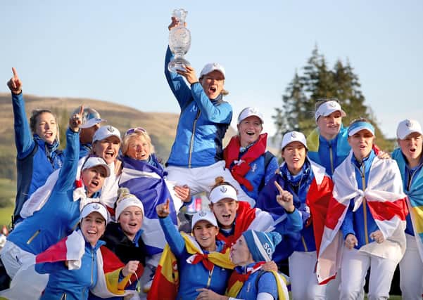 Team Europe captain Catriona Matthew (top) celebrates with her team and the trophy after winning the 2019 Solheim Cup at Gleneagles Golf Club, Auchterarder. (Picture Jane Barlow/PA Wire)