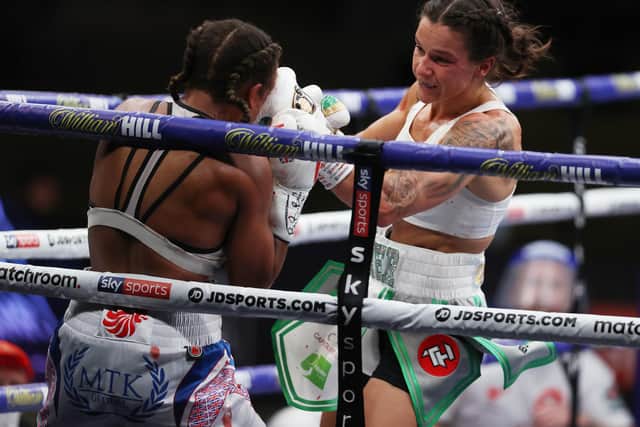 ON THE ROPES: Terri Harper vs Natasha Jonas, WBC and IBO World Super Featherweight Titles. Picture: Mark Robinson.
