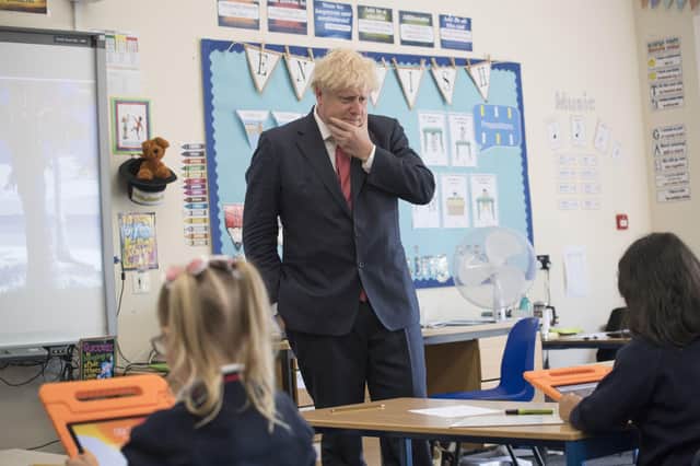 Prime Minister Boris Johnson during a visit to The Discovery School in West Malling, Kent in July. Picture: Jeremy Selwyn/Evening Standard/PA Wire