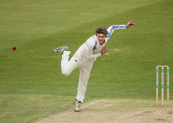 Finding his feet: Twenty-three-year-old off-spinner Jack Shutt is making only his second appearance for Yorkshire in their Bob Willis Trophy match at Nottinghamshire. He is one of three relative novices in the White Rose bowling attack. (Picture: Alex Whitehead/SWPix.com)