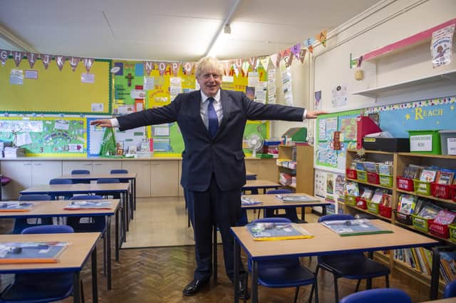 Boris Johnson poses during a visit to St Josephs Catholic School in Upminster to see how new Covid-19 preparedness plans had been put in place on August 10, 2020 in London,  (Photo by Lucy Young - WPA Pool / Getty Images)
